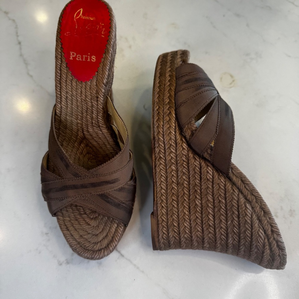 Christian Louboutin Women 6.5 EU 37 Brown Grosgrain Espadrille Wedge Heel Sandal